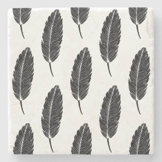 白黒フェザー素朴リノカット ストーンコースター (正面)