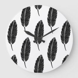 白黒フェザー素朴リノカット ラージ壁時計