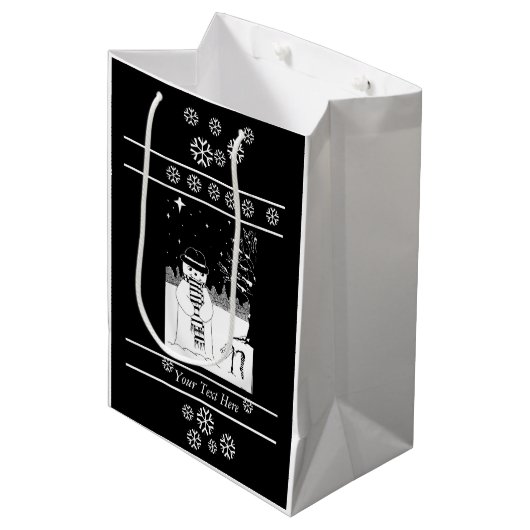 白黒フェスティバルデザインかわいい雪だるま ミディアムペーパーバッグ (正面アングル)