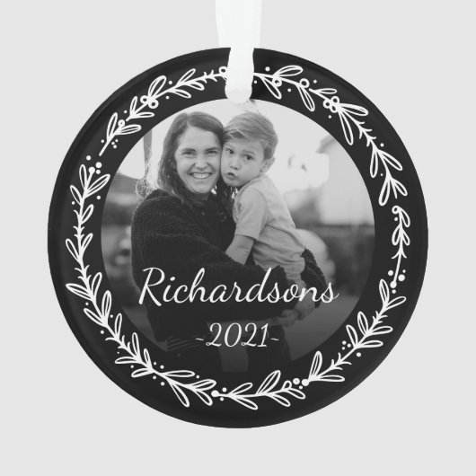 白黒フェスティバルリーフフレームファミリーホワイト写真 オーナメント (裏面)