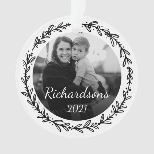 白黒フェスティバルリーフフレームファミリーホワイト写真 オーナメント (正面)