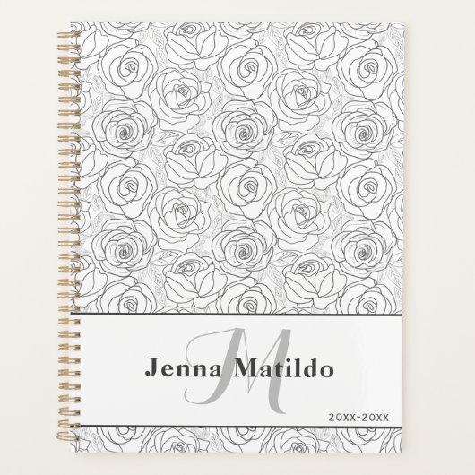 白黒フェミニンローズイラストレーション プランナー手帳 (正面)