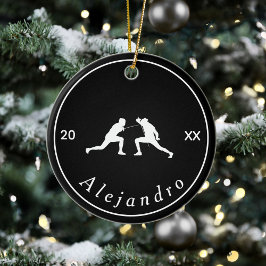 白黒フェンシングシルエット名クール&年 セラミックオーナメント