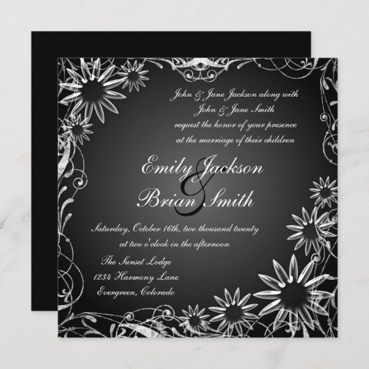 白黒フェードデイジー花結婚式招待状 招待状 (正面/裏面)