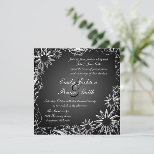 白黒フェードデイジー花結婚式招待状 招待状 (スタンド正面)