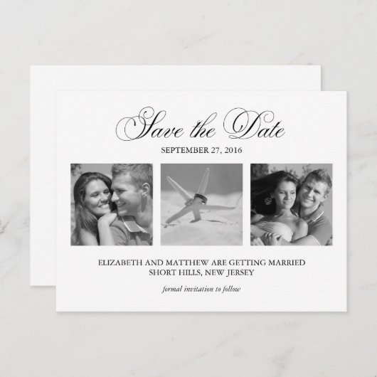 白黒フォトウェディング日付を保存 案内ポストカード (正面/裏面)