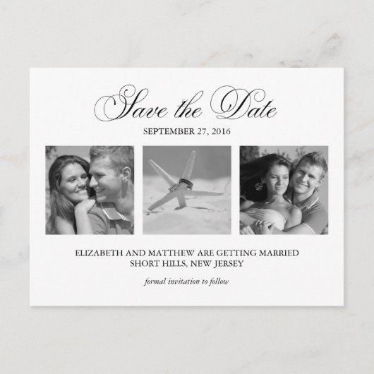 白黒フォトウェディング日付を保存 案内ポストカード (正面)