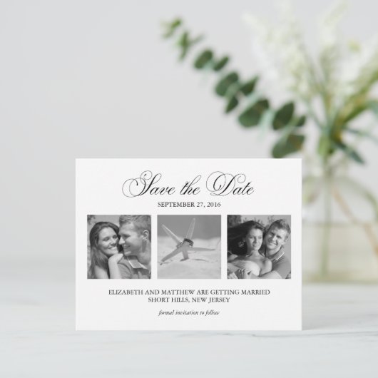 白黒フォトウェディング日付を保存 案内ポストカード (スタンド正面)