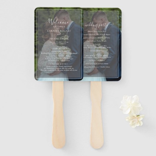 白黒フォトオーバーレイモダン結婚式 プログラム ハンドファン (正面&裏面)