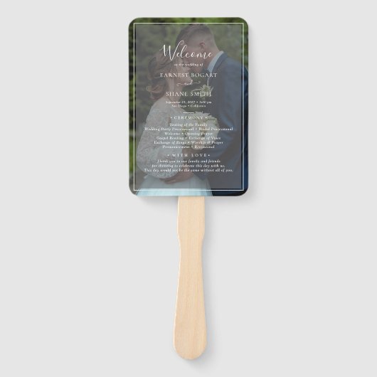 白黒フォトオーバーレイモダン結婚式 プログラム ハンドファン (正面)