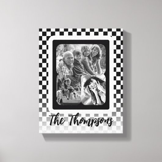 白黒フォトコラージュの家族の名前 キャンバスプリント (正面)