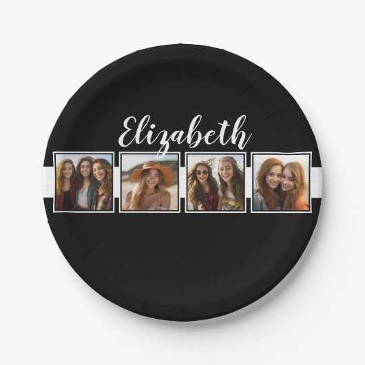 白黒フォトコラージュの正方形パーソナライズされた ペーパープレート (正面)