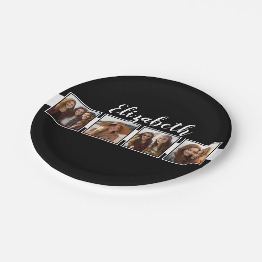 白黒フォトコラージュの正方形パーソナライズされた ペーパープレート (アングル)