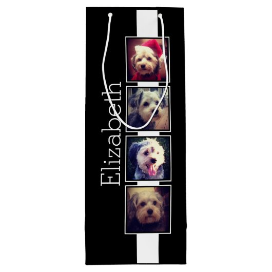 白黒フォトコラージュの正方形パーソナライズされた ワインギフトバッグ (裏面)