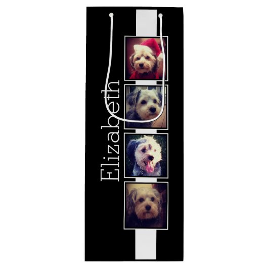 白黒フォトコラージュの正方形パーソナライズされた ワインギフトバッグ (正面)