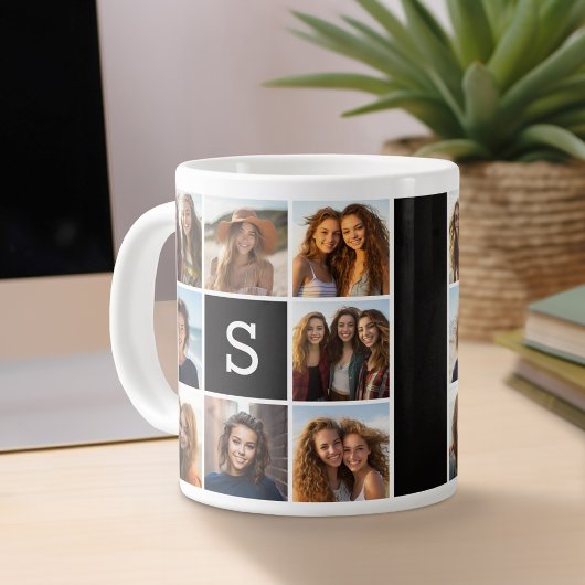 白黒フォトコラージュカスタムモノグラム ジャンボコーヒーマグカップ