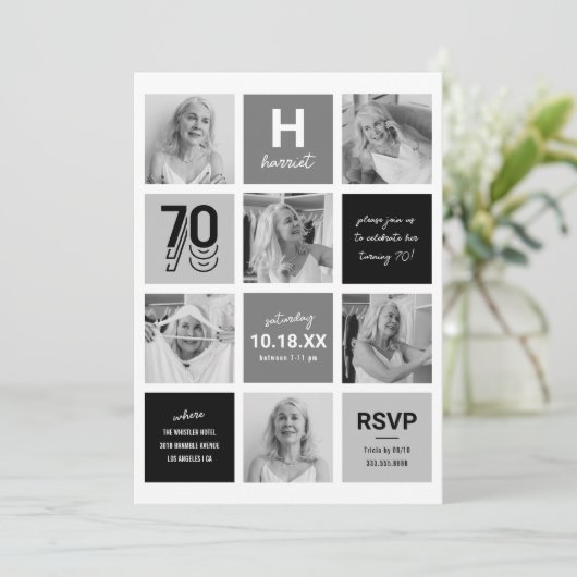 白黒フォトコラージュ70誕生日 招待状 (スタンド正面)