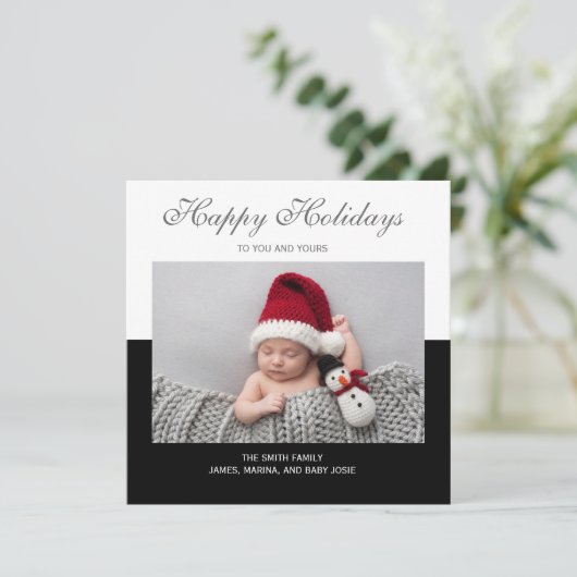 白黒フォトハッピーホリデー誕生のお知らせ シーズンカード (スタンド正面)
