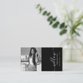 白黒フォトミニマリストスクリプトQRコード 名刺 (スタンド正面)