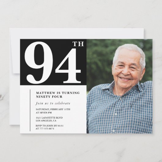 白黒フォトメンズ94歳の誕生日招待状 招待状 (正面)