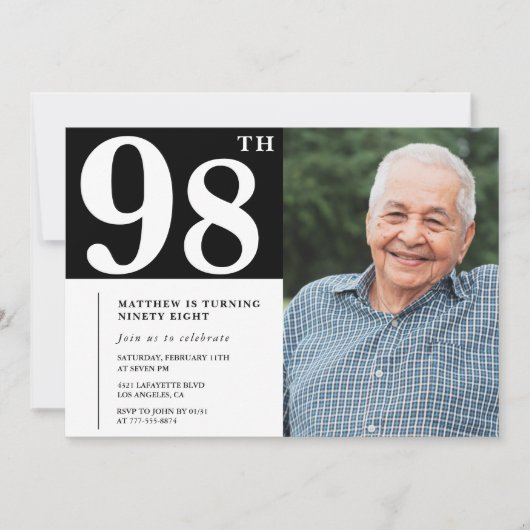 白黒フォトメンズ98歳の誕生日招待状 招待状 (正面)