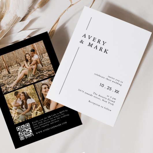 白黒フォトモダンコラージュQRコー結婚ド 招待状