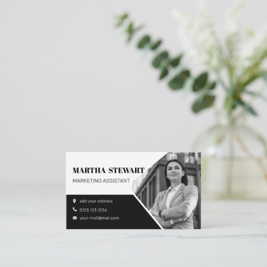 白黒フォトロモダンゴエレガントのテンプレート 名刺 (スタンド正面)