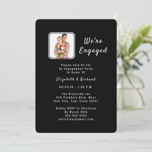 白黒フォト婚約パーティ招待状 招待状 (スタンド正面)