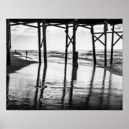 白黒フォト海イルビーチ桟橋 ポスター