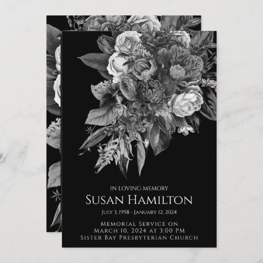 白黒フォト葬儀メモリアル発表 招待状 (正面/裏面)