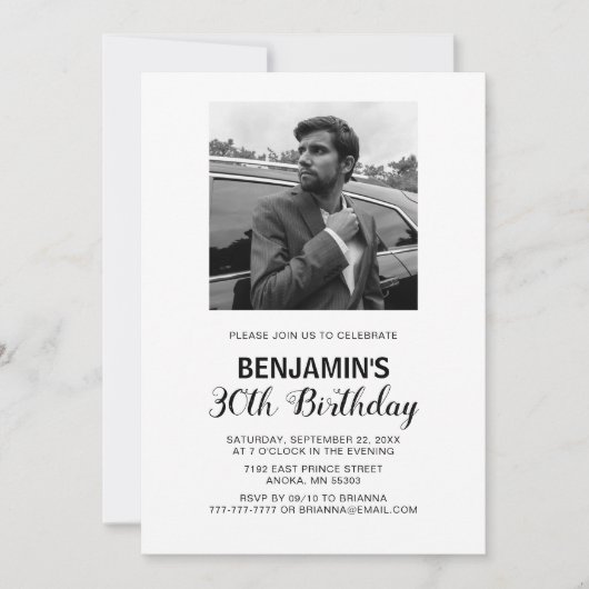 白黒フォト誕生日招待状 招待状 (正面)