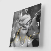 白黒フォト金ゴールドスクリプトラブ スクエア壁時計 (傾斜)