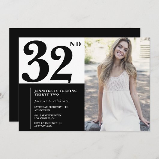 白黒フォト32番目の誕生日招待状 招待状 (正面/裏面)