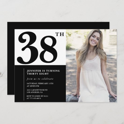 白黒フォト38番目の誕生日招待状 招待状 (正面/裏面)