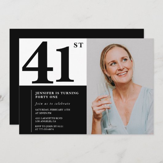 白黒フォト41番目の誕生日招待状 招待状 (正面/裏面)