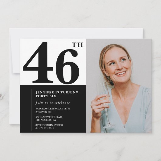 白黒フォト46番目の誕生日招待状 招待状 (正面)