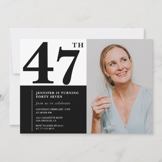 白黒フォト47番目の誕生日招待状 招待状 (正面)