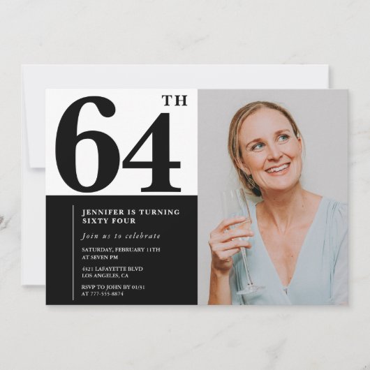 白黒フォト64番目の誕生日招待状 招待状 (正面)