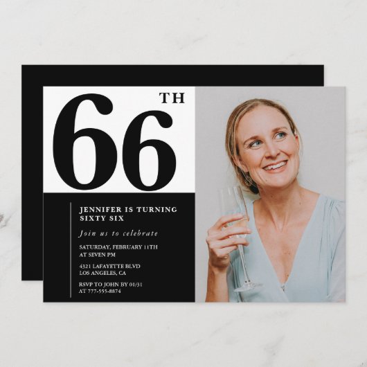 白黒フォト66番目の誕生日招待状 招待状 (正面/裏面)