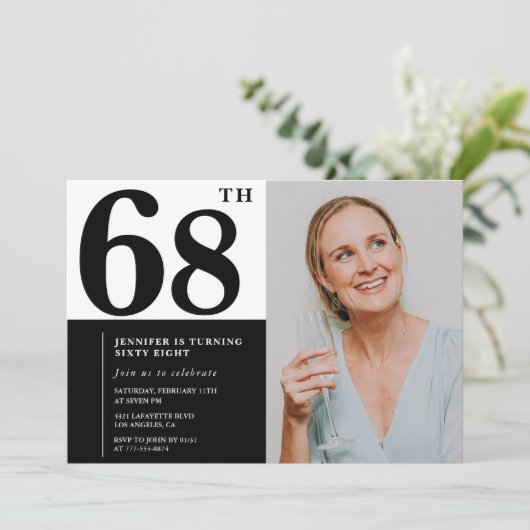 白黒フォト68番目の誕生日招待状 招待状 (スタンド正面)