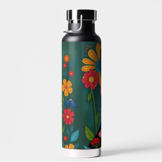 白黒フォークアート猫と花お洒落 ウォーターボトル (右面)