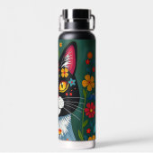 白黒フォークアート猫と花お洒落 ウォーターボトル (背面)