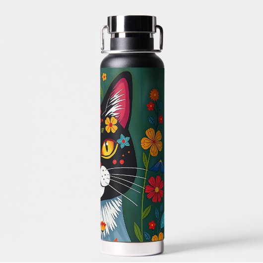 白黒フォークアート猫と花お洒落 ウォーターボトル (背面)