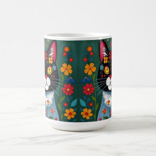 白黒フォークアート猫と花お洒落 コーヒーマグカップ (中央)