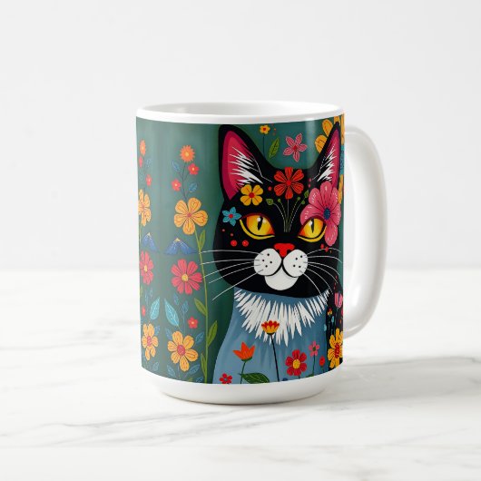 白黒フォークアート猫と花お洒落 コーヒーマグカップ (正面右)