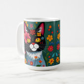 白黒フォークアート猫と花お洒落 コーヒーマグカップ (正面左)