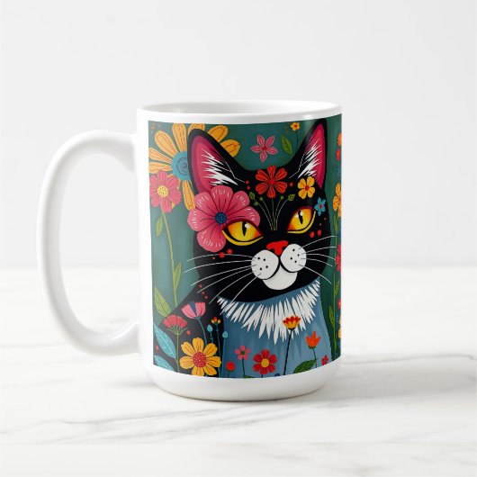 白黒フォークアート猫と花お洒落 コーヒーマグカップ (左)