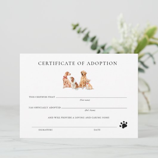 白黒フォーマルの子犬の養子縁組の証明書 (スタンド正面)