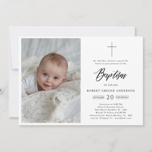 白黒フォーマル写真乳児カトリック洗礼 招待状 (正面)