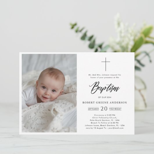 白黒フォーマル写真乳児カトリック洗礼 招待状 (スタンド正面)